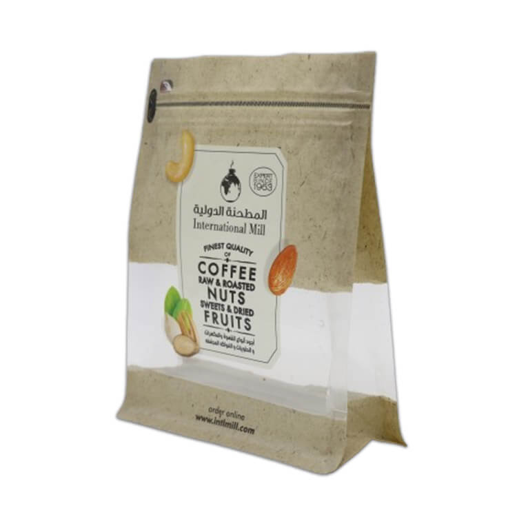 Custom printed flat bottom plastic coffee bag with transparent window.