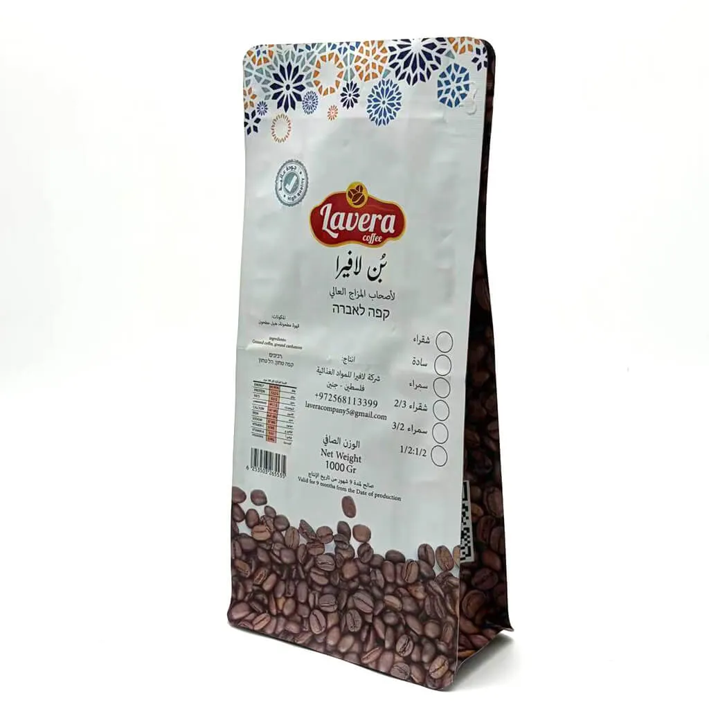 Custom printed flat bottom coffee bag with side gussets for 1000g coffee bean packaging.