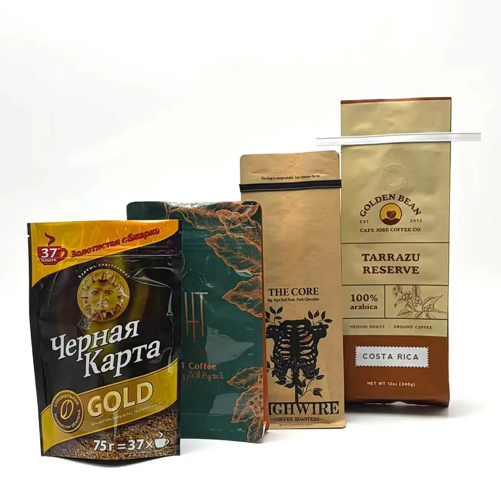 Custom printed coffee bags with valve and zipper for coffee bean packaging.
