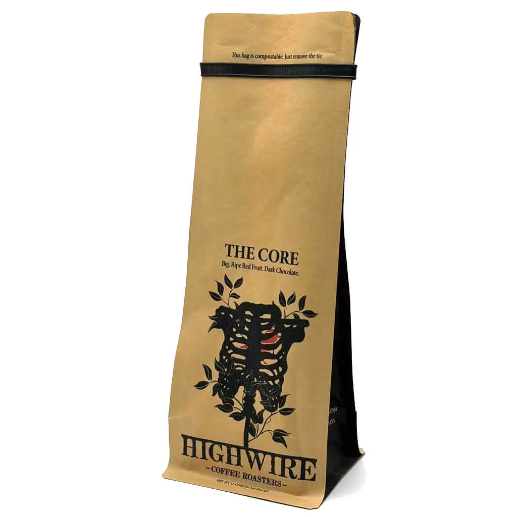Eco-friendly kraft paper side gusset coffee pouch with tin tie.